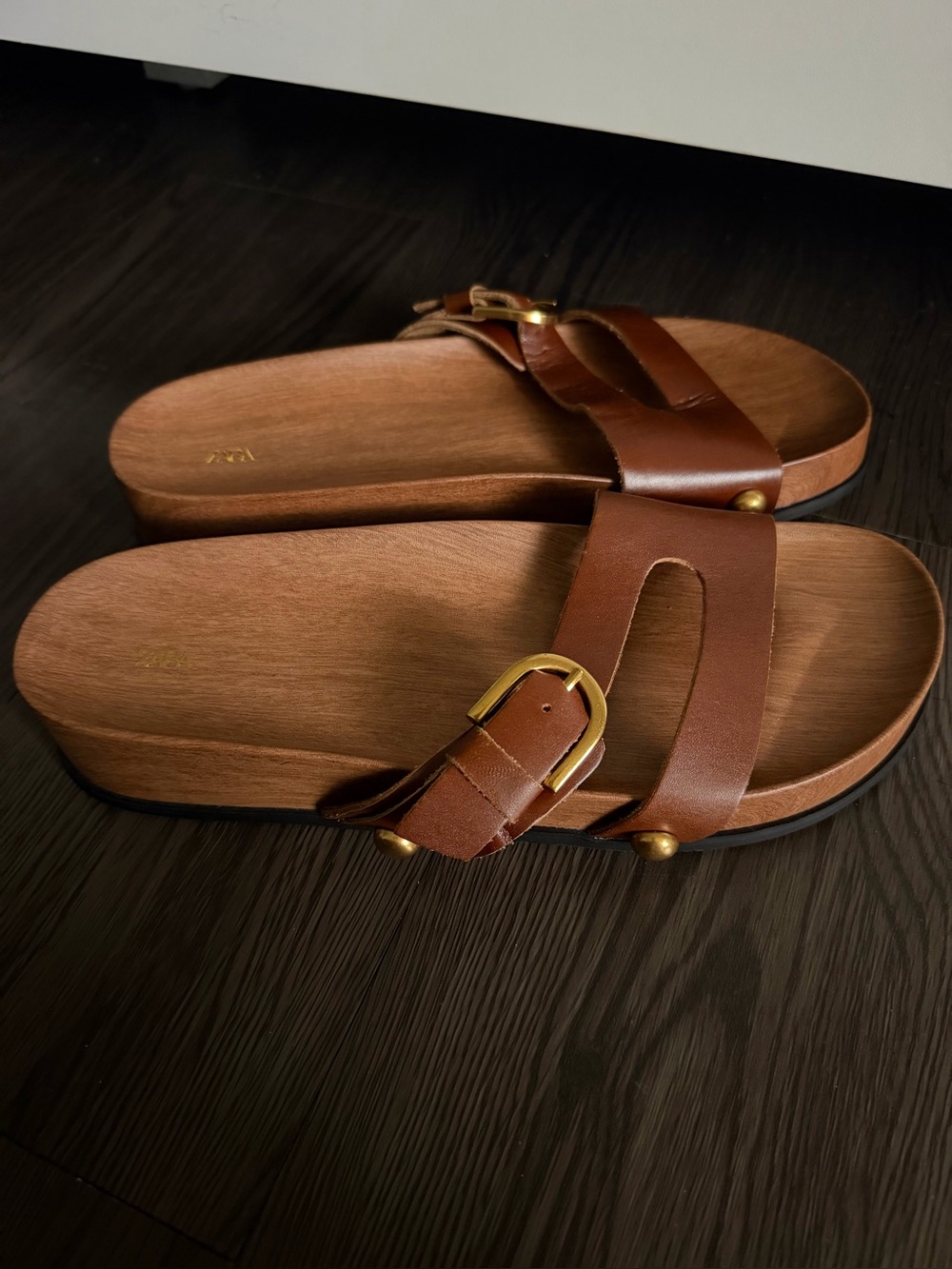 New! Zara Brown Leather Double-Band Slide Sandals with Gold Buckles